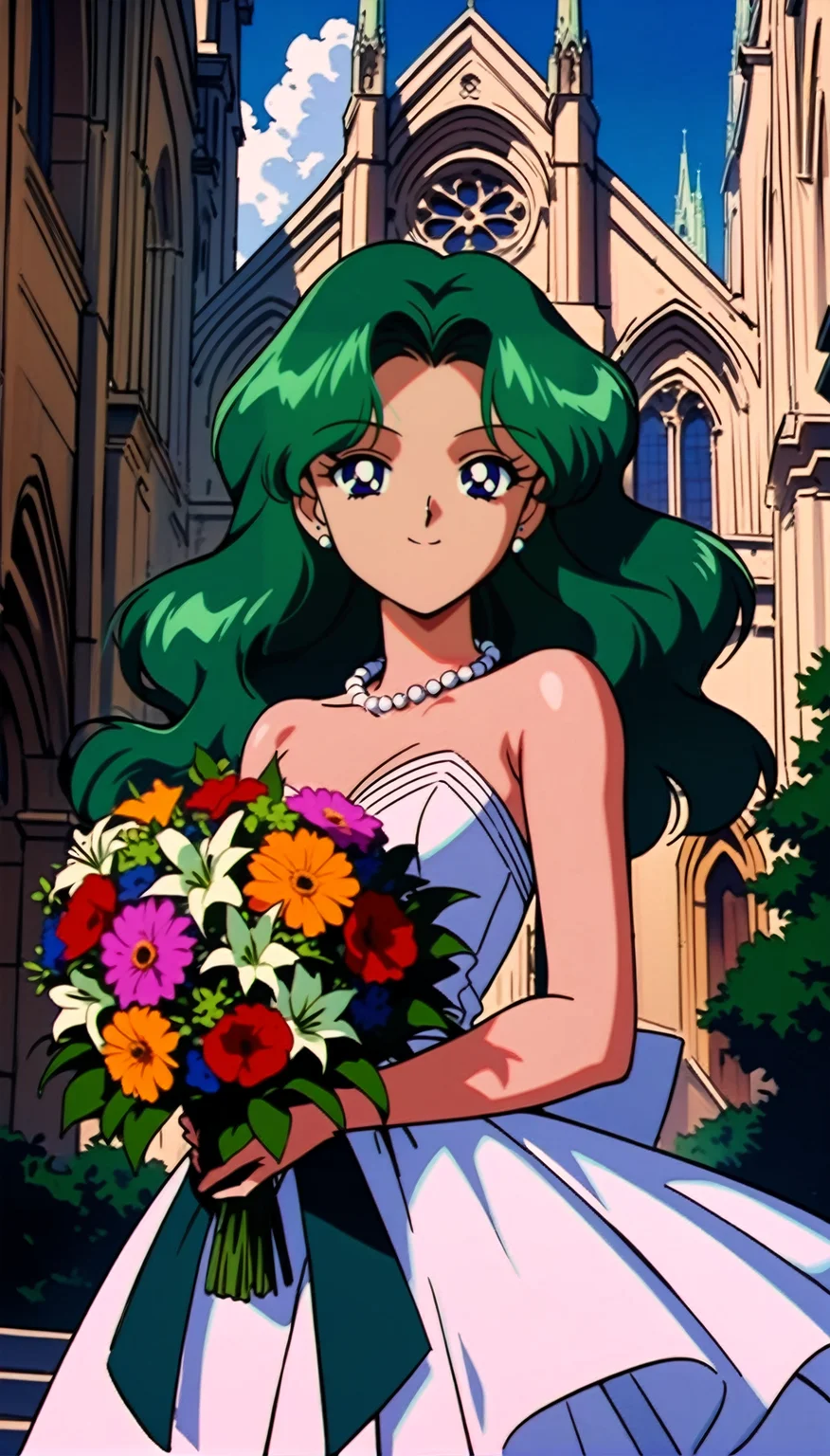 masterpiece,best quality,very aesthetic,ultra detailed,intricate details,<lora:Sailor Neptune XL:0.9>,Sailor Neptune XL,1990s \(style\),1girl,solo,green eyes,green hair,earrings,long hair,pearl necklace,wedding dress,cowboy shot,holding bouquet,Colorful flowers,cathedral,outdoors,wind,smile,looking at viewer,