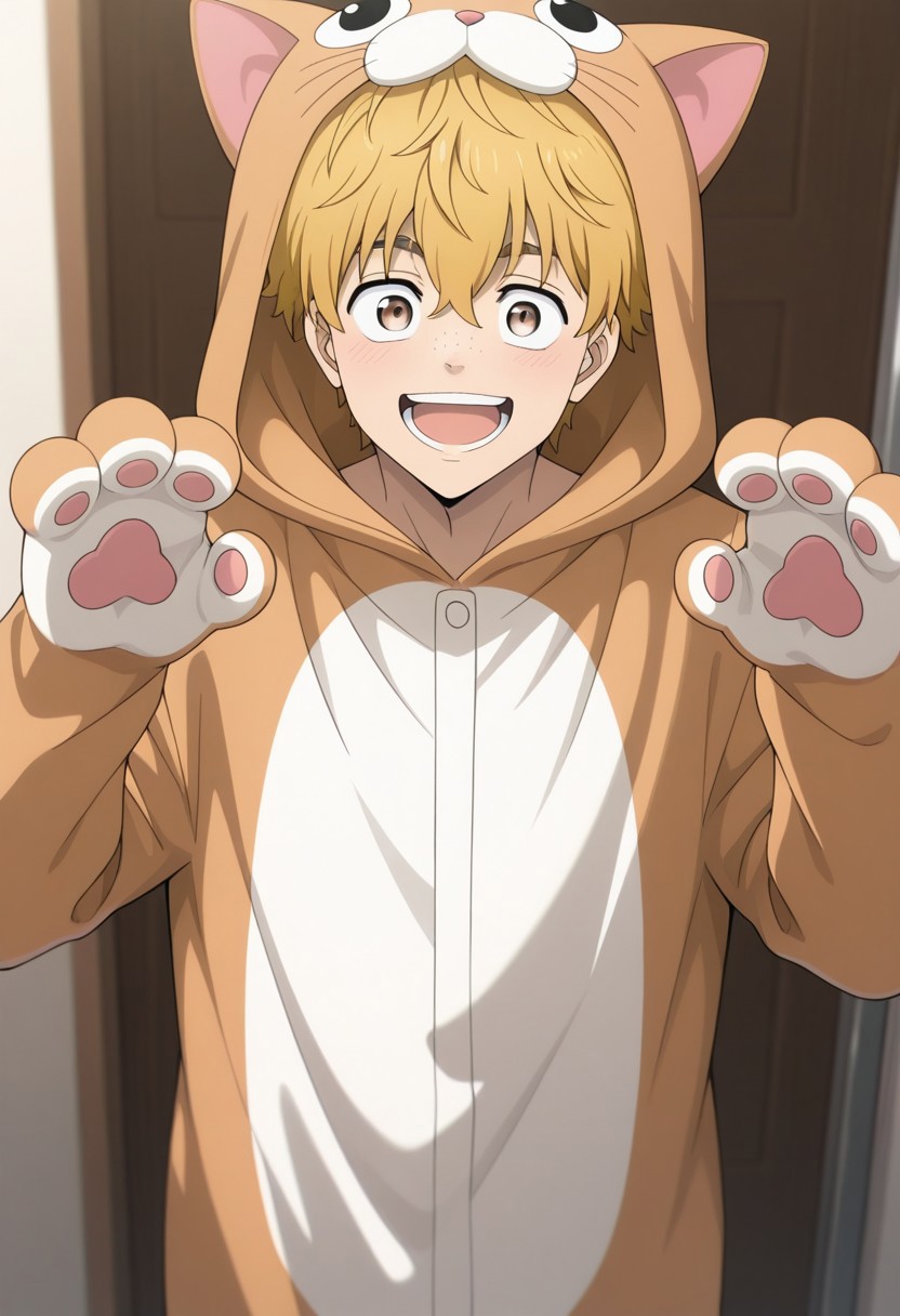 masterpiece,best quality,amazing quality, source_anime,
AkihikoNirei, 1boy, male focus, solo, brown eyes, blonde hair, freckles, smile, happy, open mouth, anima, hood, cat costume,