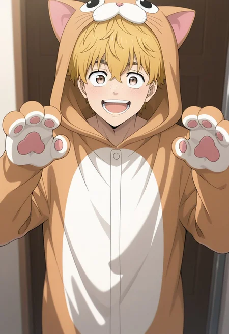masterpiece,best quality,amazing quality, source_anime,
AkihikoNirei, 1boy, male focus, solo, brown eyes, blonde hair, freckles, smile, happy, open mouth, anima, hood, cat costume,