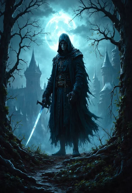 A captivating and haunting dark fantasy illustration by renowned artists Anato Finnstark and Greg Rutkowski. The spectral assassin, with translucent skin and glowing eyes, stands tall and imposing. Their ethereal presence is accentuated by the tattered, spectral cloak that billows around them, as if caught in a whirlwind. The ghostly figure grips a menacing, glowing katana, its otherworldly aura emanating a sense of danger and silence. The background presents a haunting, moonlit landscape, with gnarled trees and a distant, ominous castle. The atmosphere is steeped in mystery and supernatural intrigue, perfect for a cinematic dark fantasy scene., dark fantasy, cinematic, conceptual art, dark fantasy, conceptual art, cinematic