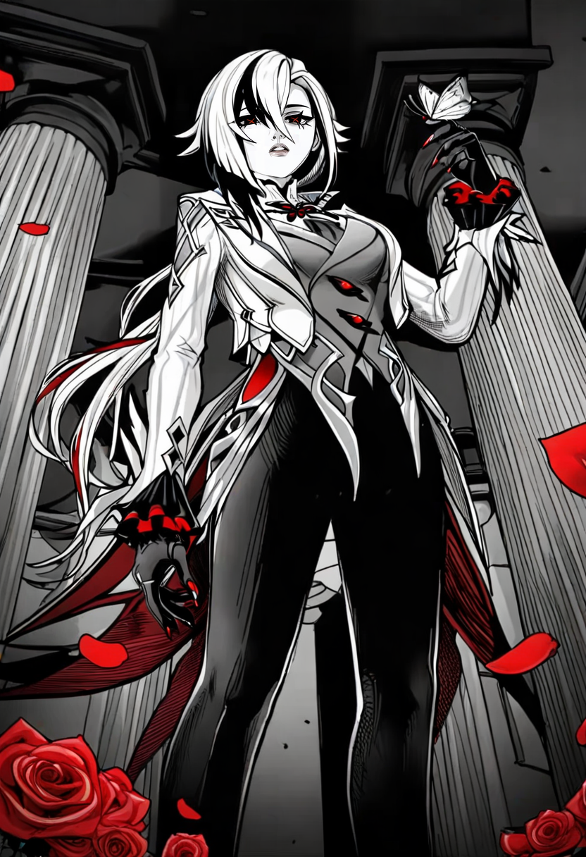monochrome, greyscale,  <lora:odysseasXL_NBVP1_lokr_V6311PZ:0.95> 1girl,arlecchino \(genshin impact\),genshin impact,arm at side,black eyes,black gloves,black hair,black pants,bright pupils,bug,butterfly,butterfly on hand,coat,coattails,color contrast,expressionless,falling petals,feet out of frame,flower,frilled sleeves,frills,from below,gloves,grey vest,hand up,long hair,long sleeves,looking at viewer,low ponytail,multicolored hair,pants,parted lips,petals,pillar,ponytail,red flower,red nails,red pupils,red rose,rose,solo,standing,streaked hair,swept bangs,symbol-shaped pupils,two-sided fabric,vest,white coat,white hair,x-shaped pupils,black handwear