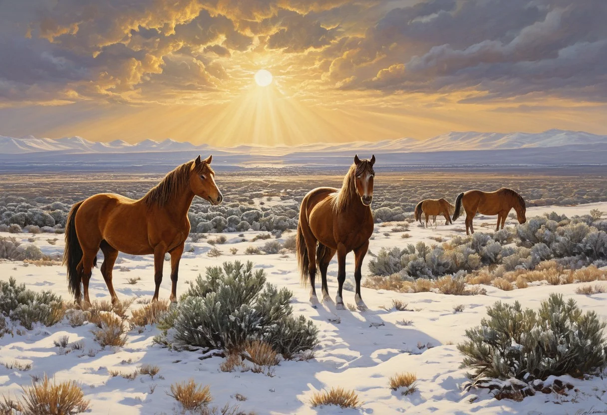 Wild horses, mesa, snow, landscape, no humans, scenery, cloudy sky, sun ray through the clouds, shrubbery, grass, masterpiece, a beautiful landscape painting of a wintry scene with wild horses, pristine, ornate border,