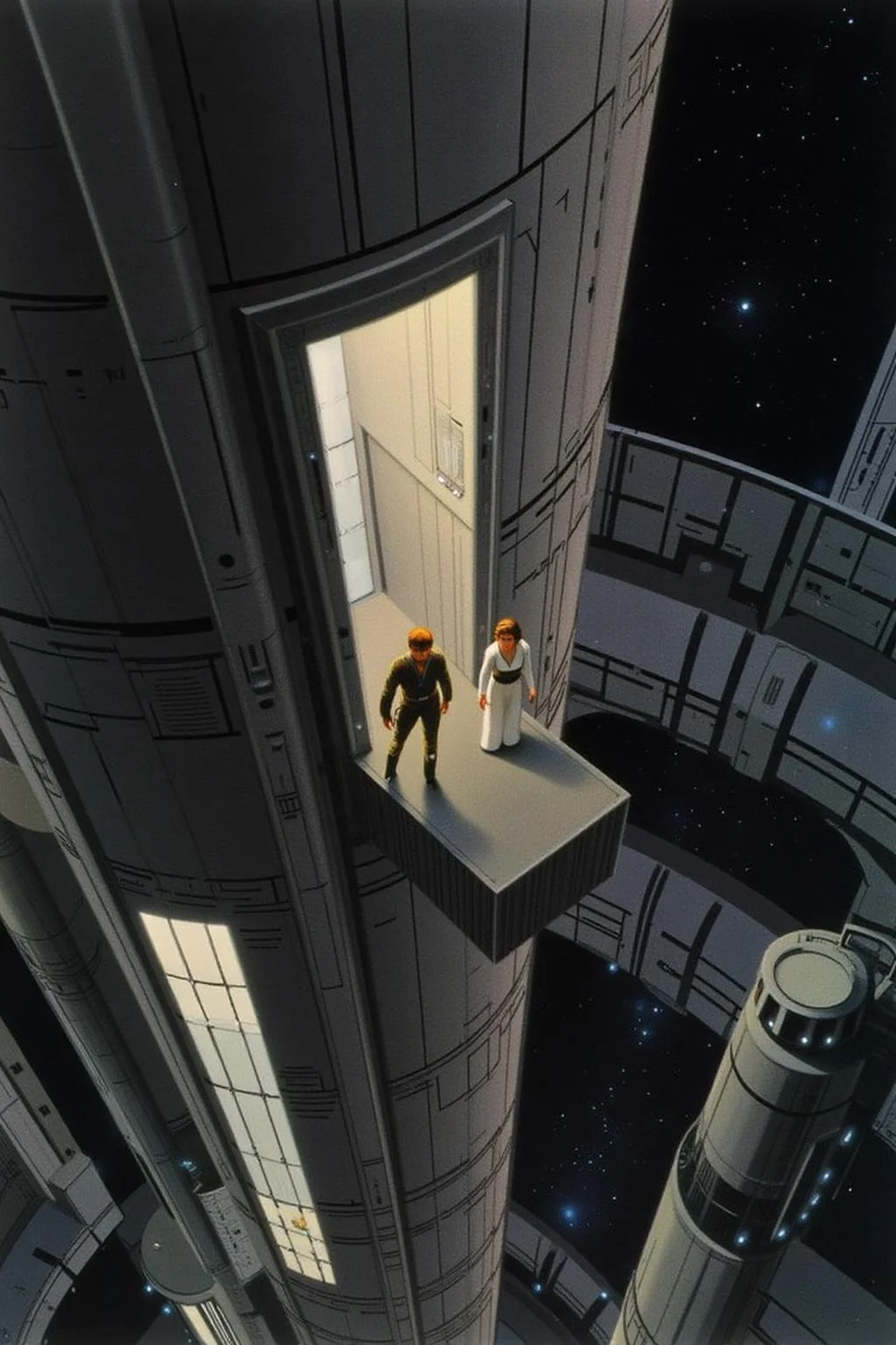 ralphmcq1 painting.
A scene from Star Wars universe, depicting a scene set inside the Death Star, the massive, cylindrical space station. The top down view features two characters, Luke Skywalker and Princess Leia, inside a narrow, high-tech elevator shaft.
<lora:ralphmcq_cap_d6a3:1.0><lora:830323504810357713:0>