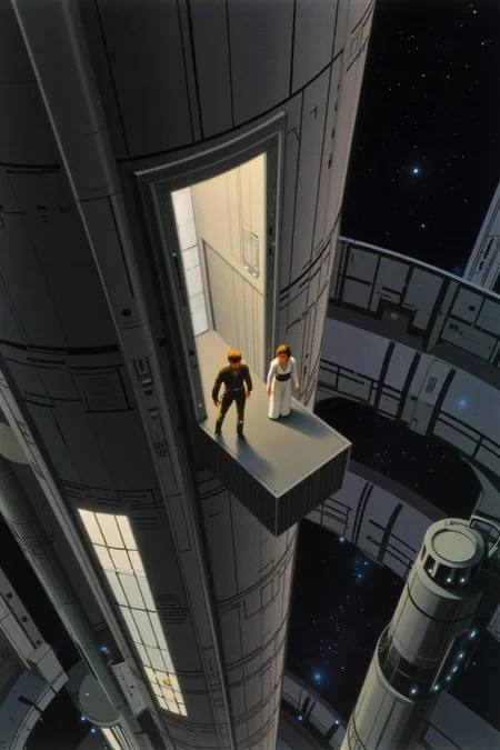 ralphmcq1 painting.
A scene from Star Wars universe, depicting a scene set inside the Death Star, the massive, cylindrical space station. The top down view features two characters, Luke Skywalker and Princess Leia, inside a narrow, high-tech elevator shaft.
<lora:ralphmcq_cap_d6a3:1.0><lora:830323504810357713:0>