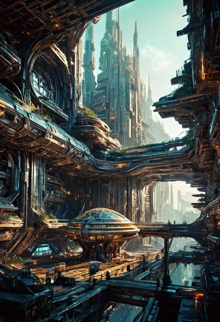 Visualize a futuristic space, symbolizing online community in the style of incorporate elements that evoke a sense of building with a large spaceship complex, elegant, expansive, fantastical, film photography style, light grain