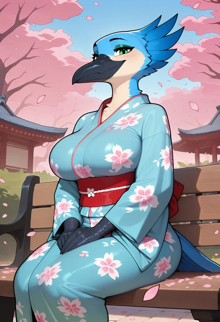 <lora:AshMixVpred_v1:0.8>, <lora:Luuklook_Kingfisher_form:1>, 1girl, solo, Luuklook_(character), Kingfisher_(bird), anthro, furry, avian, bird, green eyes, long beak, smile, happy, looking at viewer,
big breasts, tall, scuted arms, light blue feathers, black beak, puffy feathers, tan body, tan feathers,
kimono, sash, hands in opposite sleeves, floral print,
sitting, on bench, close-up,
outdoors, east asian architecture, park, pink petals, falling leaves, wind,
BREAK
masterpiece, best quality, newest, absurdres, highres, amazing quality, very aesthetic