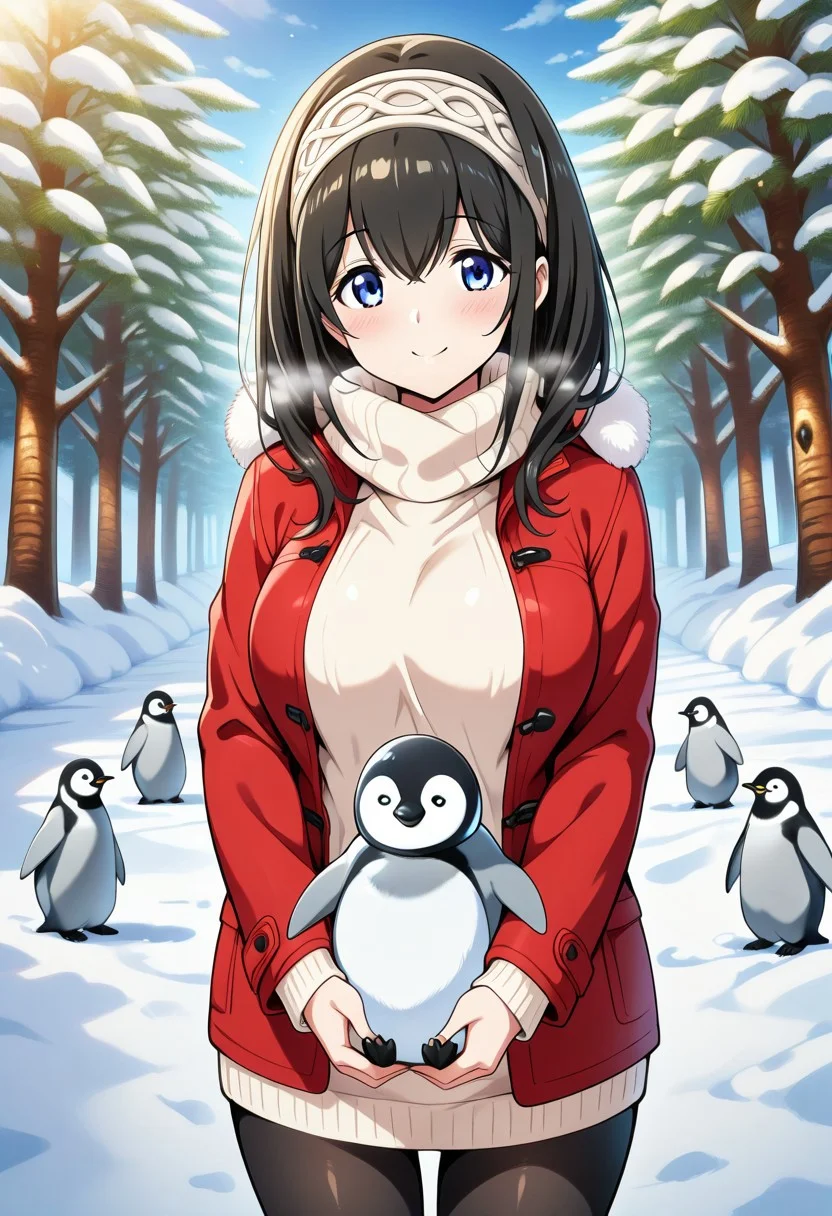 Animal Christmas, masterpiece, best quality, fumika sagisawa, blue eyes, black hair, long hair, large breasts, 1girl, winter clothes, cute animal, smile, penguin, anime,