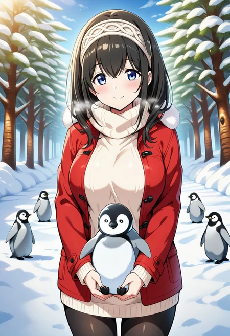 Animal Christmas, masterpiece, best quality, fumika sagisawa, blue eyes, black hair, long hair, large breasts, 1girl, winter clothes, cute animal, smile, penguin, anime,