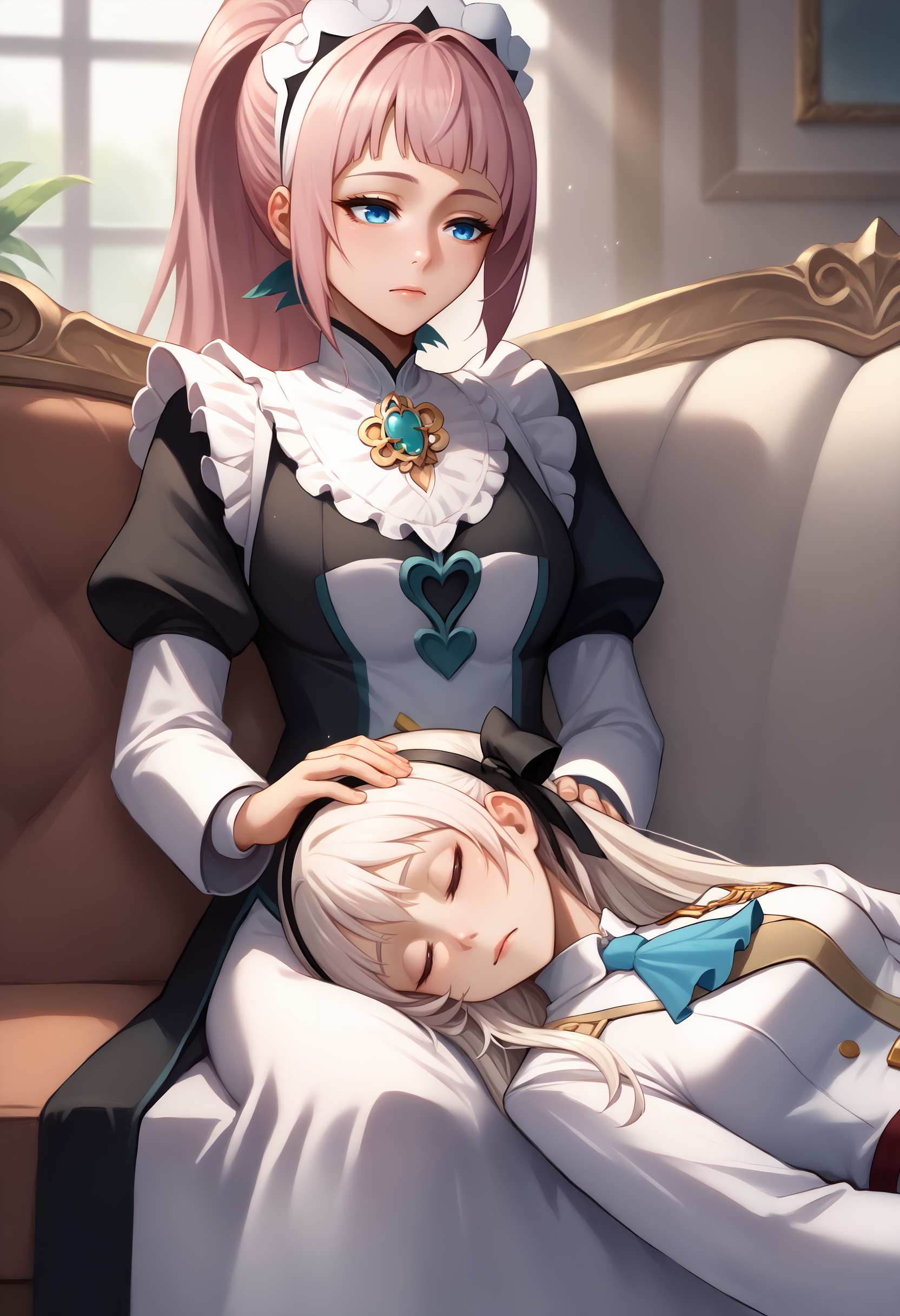 score_9, score_7_up, <lora:LapPillowNonPOV_pdxl_Incrs_v1:0.55>, lap pillow, lying, sitting, sleeping, sofa, hand on another's head, 
BREAK  <lora:felicia-fe-richy-v1_xl:0.8> feliciadef, pink hair, ponytail, blue eyes, maid headdress, brooch, maid apron, 
BREAK <lora:elie-pdxl-nvwls-v1:1> zeroElie, black hairband, hair ribbon, long hair, ascot, uniform, white dress,