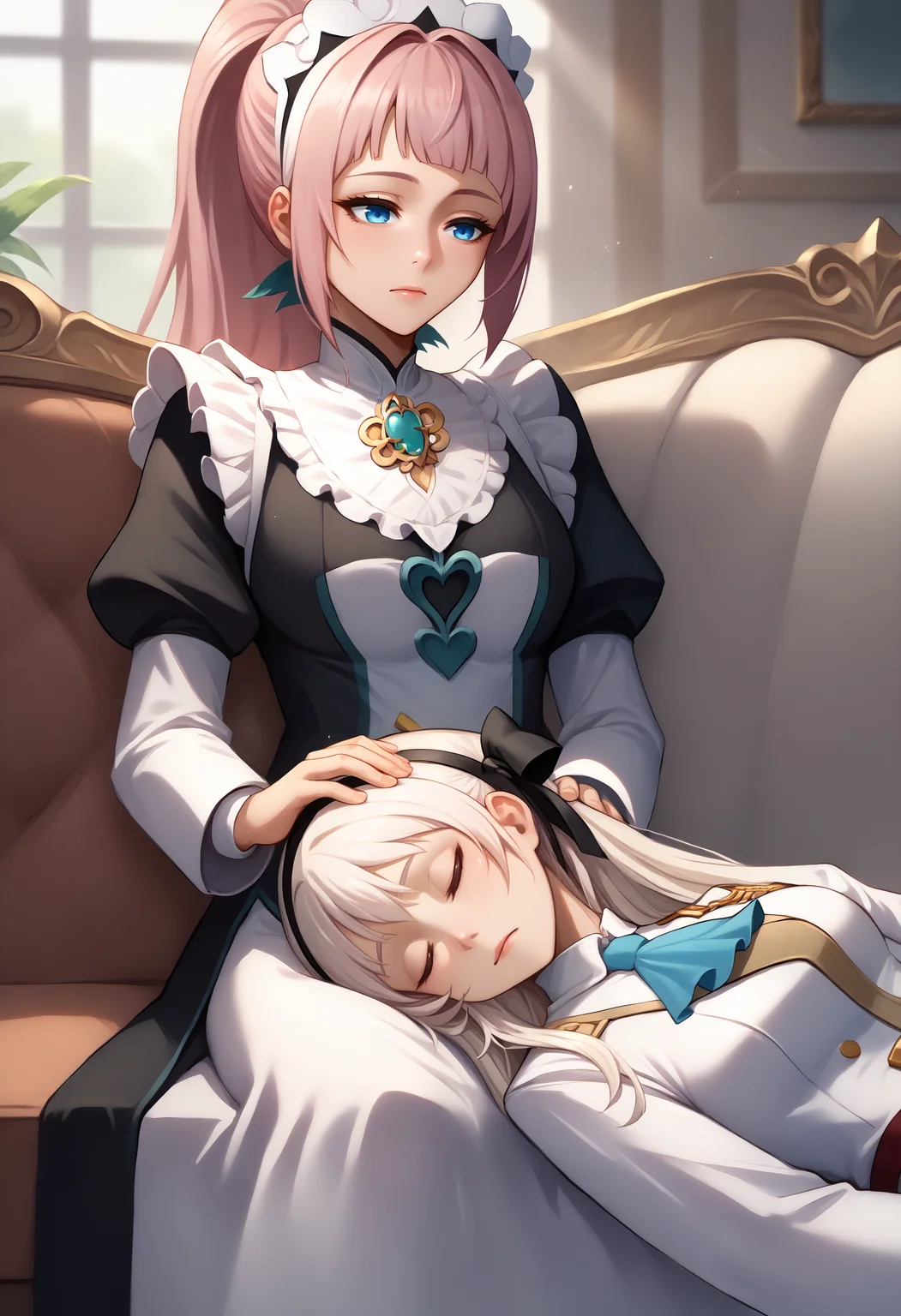 score_9, score_7_up, <lora:LapPillowNonPOV_pdxl_Incrs_v1:0.55>, lap pillow, lying, sitting, sleeping, sofa, hand on another's head,
BREAK <lora:felicia-fe-richy-v1_xl:0.8> feliciadef, pink hair, ponytail, blue eyes, maid headdress, brooch, maid apron,
BREAK <lora:elie-pdxl-nvwls-v1:1> zeroElie, black hairband, hair ribbon, long hair, ascot, uniform, white dress,