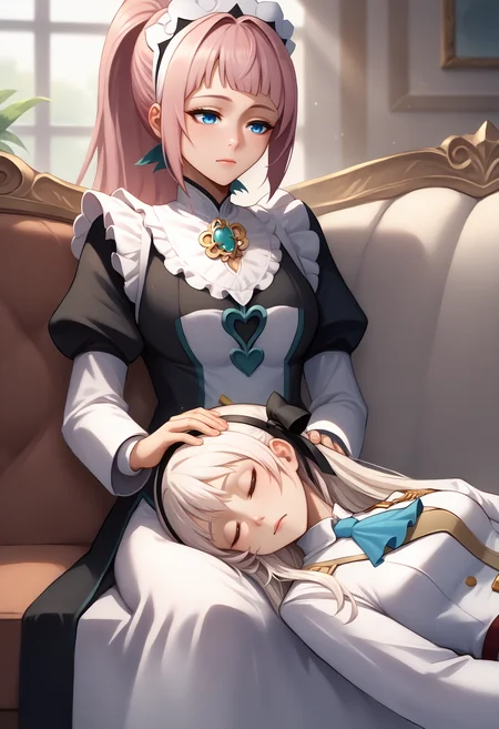 score_9, score_7_up, <lora:LapPillowNonPOV_pdxl_Incrs_v1:0.55>, lap pillow, lying, sitting, sleeping, sofa, hand on another's head, 
BREAK  <lora:felicia-fe-richy-v1_xl:0.8> feliciadef, pink hair, ponytail, blue eyes, maid headdress, brooch, maid apron, 
BREAK <lora:elie-pdxl-nvwls-v1:1> zeroElie, black hairband, hair ribbon, long hair, ascot, uniform, white dress,