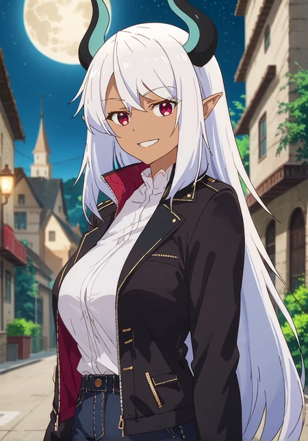 score_9, score_8_up, score_7_up,source_anime, solo, huge breasts, looking at viewer, 
anime screencap, anime coloring, <lora:beelzebub:1>, beelzebub, dark-skinned female, dark skin, pointy ears, demon girl, demon horns, long hair, 
standing, outdoors, portrait, blurry background, evil smile, night, full moon, clear sky, white shirt, black jacket, biker clothes,
