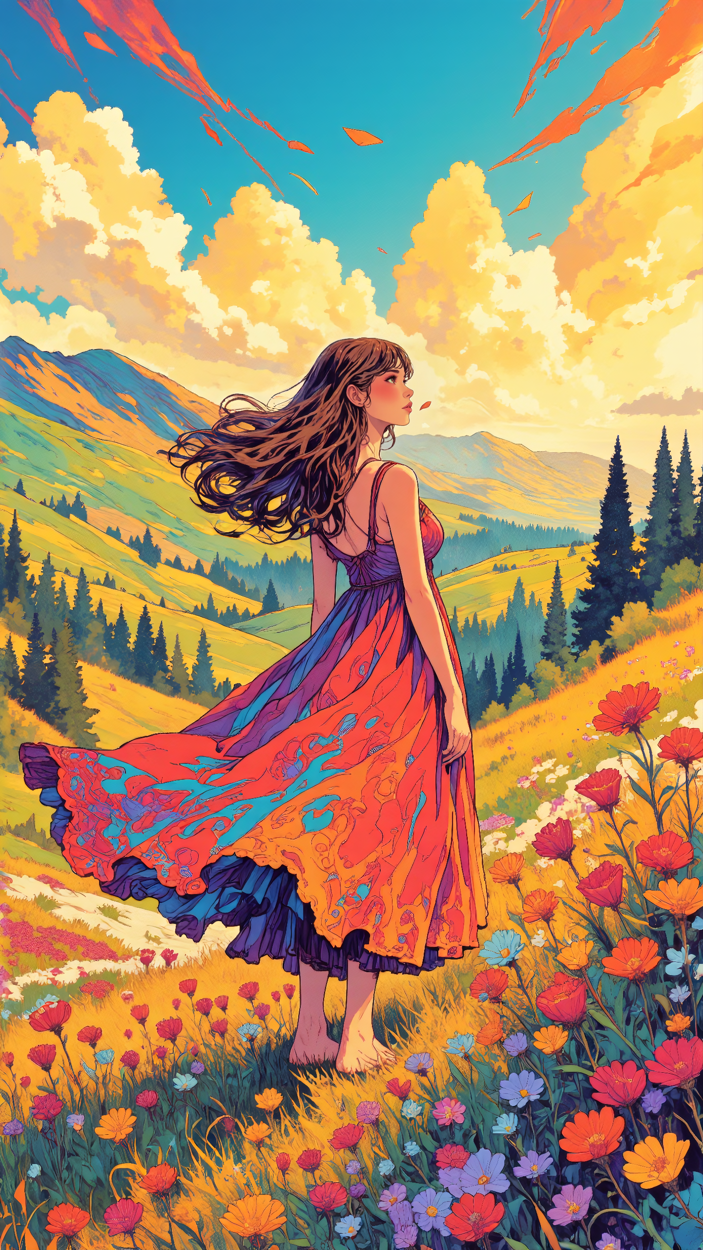 in the style of cksc,  Ligne claire and watercolor-style illustration of a vibrant meadow bursting with bold, saturated colors. A sweet young woman stands among the wildflowers, her flowing sundress glowing in rich reds, deep blues, and warm yellows. Her expressive eyes shine as the wind lifts her long hair, outlined in crisp, clean lines. The rolling hills behind her are painted in energetic strokes of emerald green and fiery orange, the sky a striking gradient of electric blue and golden sunlight. Flower petals swirl around her, their bold hues blending into dynamic watercolor splashes. Ligne claireâs sharp, structured outlines define her form, contrasting with the loose, fluid energy of the vivid watercolor background <lora:ck-shadow-circuit-000021:0.8> <lora:Techno_Digitalis:0.7000000000000001>