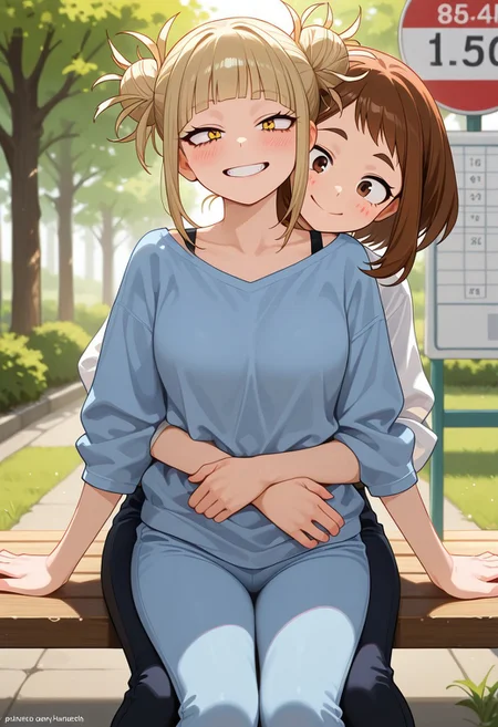 fine fabric emphasis, masterpiece, amazing quality, best quality, ultra-detailed, 8K, illustration, amazing quality, newest, absurdres, anime, highres, very aesthetic, absurd res, hi res, very awa, refined, blurry background, close up vivid colors, source_anime, hyper detailed, (detailed eyes, detailed faces:1.2),
depth of field,
Expressiveh,
2girls,
lesbians, yuri, hug from behind, (lap sitting), sitting on her lap,
BREAK,
Ochako Uraraka; \(Uravity\) \(My Hero Academia\), brown hair,
BREAK,
Toga Himiko; \(My Hero Academia\), blonde hair,
BREAK,
bus_stop, sitting on bench,
trees, grass, road,