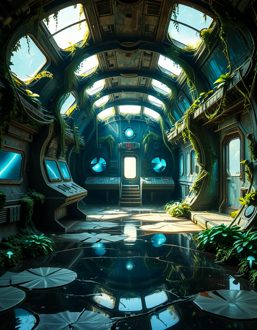 The interior of an ancient abandoned spaceship, overtaken by lush vegetation. The walls and ceiling are covered in thick, twisting vines and moss. Strange alien plants glow faintly in shades of blue and green, casting an eerie, mystical light across the metallic surfaces. Rusted control panels and shattered glass windows hint at a long-forgotten past. The floor is cracked and partially flooded with still, reflective water. Patches of bioluminescent fungi cling to the corners, adding a surreal atmosphere. The air feels heavy with moisture, and beams of soft, diffused light filter through holes in the hull, creating dramatic shafts of light and shadow. The overall style is hyper-realistic, rich in textures, with a cinematic and slightly melancholic mood.<lora:SDXLFaeTastic2400:0.4> <lora:extremely_detailed:0.4> extremely detailed,<lora:ancient_abandoned_sp4c3sh1p:1>,ancient abandoned sp4c3sh1p, Masterpiece,best quality,hi res,8k,hi res,8k,award winning,(sharp focus, intricate, highly detailed),