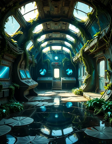 The interior of an ancient abandoned spaceship, overtaken by lush vegetation. The walls and ceiling are covered in thick, twisting vines and moss. Strange alien plants glow faintly in shades of blue and green, casting an eerie, mystical light across the metallic surfaces. Rusted control panels and shattered glass windows hint at a long-forgotten past. The floor is cracked and partially flooded with still, reflective water. Patches of bioluminescent fungi cling to the corners, adding a surreal atmosphere. The air feels heavy with moisture, and beams of soft, diffused light filter through holes in the hull, creating dramatic shafts of light and shadow. The overall style is hyper-realistic, rich in textures, with a cinematic and slightly melancholic mood.<lora:SDXLFaeTastic2400:0.4> <lora:extremely_detailed:0.4> extremely detailed,<lora:ancient_abandoned_sp4c3sh1p:1>,ancient abandoned sp4c3sh1p, Masterpiece,best quality,hi res,8k,hi res,8k,award winning,(sharp focus, intricate, highly detailed),