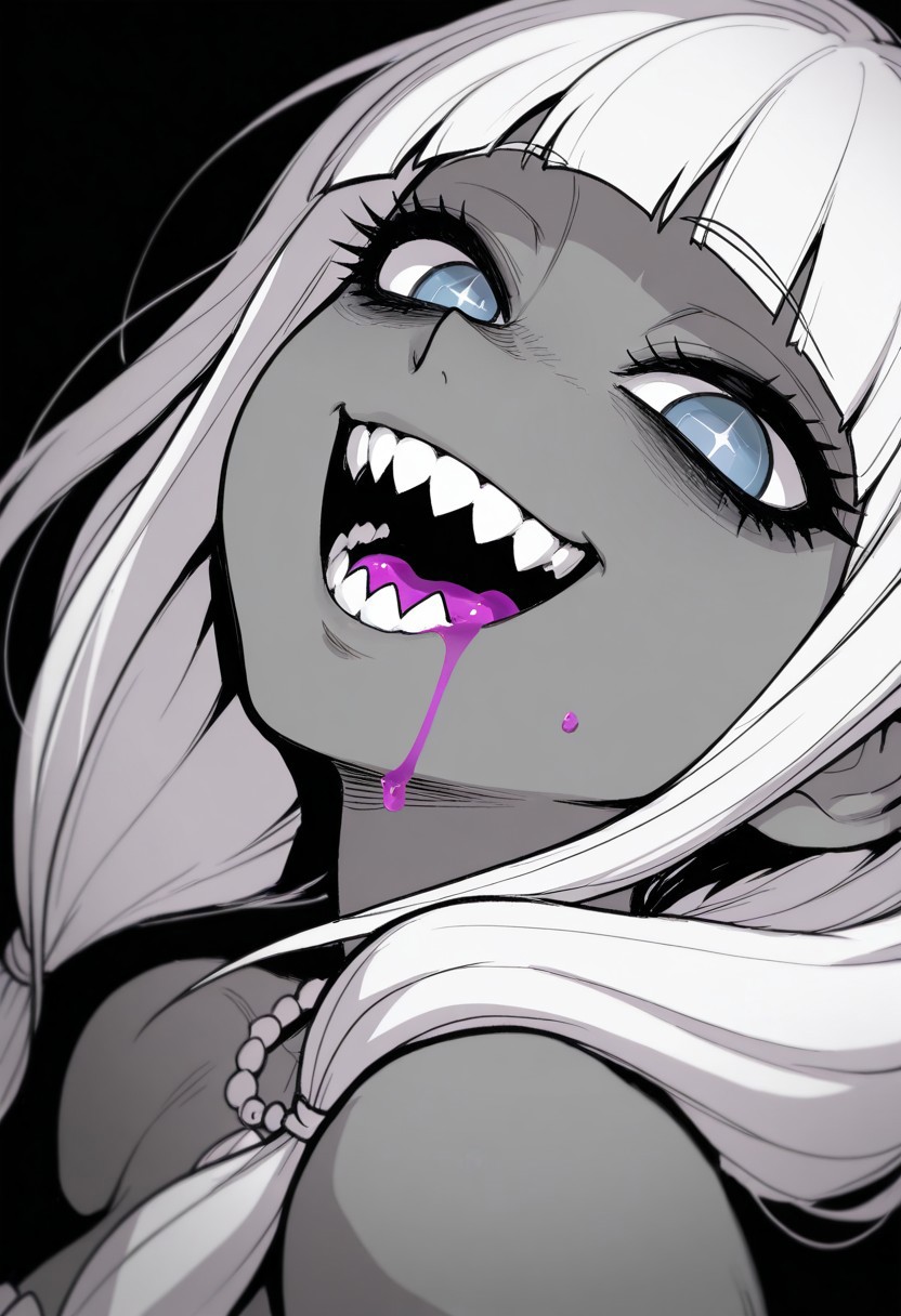 masterpiece, best quality, good quality, newest, very aesthetic, absurdres,gats ,danganronpa \(series\), 1girl, Yonaga Angie, Dark skinned female, White hair,  blue eyes,black eyes, bags under eyes,    
big eyes,  (black eyeshadow:0.8),  thick eyelashes, 
from side, monochrome, greyscale, simple background, black background, 
looking at viewer, looking down, (wild, crazy smile:1.2), solo, 1girl, close-up, perspective, (sharp teeth:1.2), purple liquid on mouth, purple liquid on face, half-closed eyes, + +,   black eyeliner, white hair,
masterpiece, best quality, amazing quality,
dark messy sketch, messy lineart, unfinished,
(horror \(theme\),:1.2)