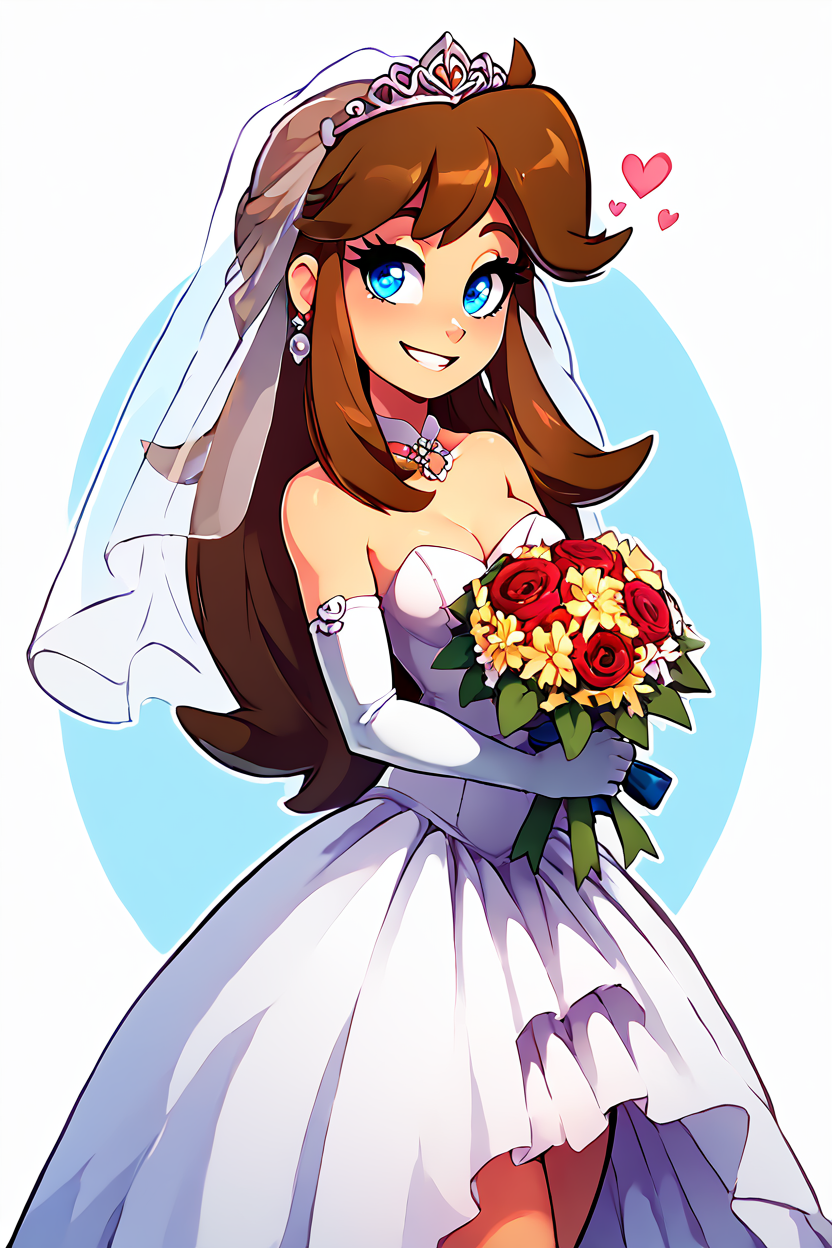 score_9, score_8_up, score_8, medium breasts, (curvy), cute, eyelashes,       BREAK, , gurin, blue eyes, brown hair, long hair, <lora:GreenPokemonaaabbbccccccc:0.8>, , BREAK, smile, looking at viewer,  bride, wedding dress, bridal veil, strapless dress, elbow gloves,  holding bouquet,  hearts, white outline, cowboy shot, embedding:zPDXL, Expressiveh, <lora:theOtherHalfPDXL:0.8>,  <lora:CatalystStylePDXL:0.6>,  <lora:SDXLFaeTastic2400:0.5>,  <lora:Expressive_H-000001:0.4>,