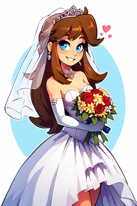 score_9, score_8_up, score_8, medium breasts, (curvy), cute, eyelashes,       BREAK, , gurin, blue eyes, brown hair, long hair, <lora:GreenPokemonaaabbbccccccc:0.8>, , BREAK, smile, looking at viewer,  bride, wedding dress, bridal veil, strapless dress, elbow gloves,  holding bouquet,  hearts, white outline, cowboy shot, embedding:zPDXL, Expressiveh, <lora:theOtherHalfPDXL:0.8>,  <lora:CatalystStylePDXL:0.6>,  <lora:SDXLFaeTastic2400:0.5>,  <lora:Expressive_H-000001:0.4>,