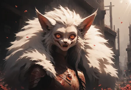 Score_9, score_8_up, score_7_up,
Outdoors, scenery, flower petals, dark theme, low light, god rays, close up,
Solo, 1girl, anthro Targath, slim, wide hips, very fluffy mane, fluffy tail, armor, sidelocks, hand up, psychopath, crazy eyes, smiling, covered in blood, orange eyes