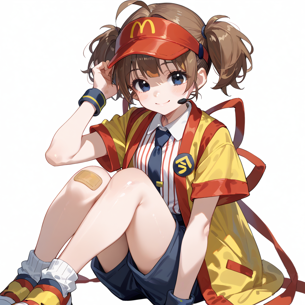 score_9, score_8_up, score_7_up, simple background, smile,
1girl, tabemi, brown hair, visor cap, shorts, vertical stripes shirt, necktie, yellow coat, short sleeves, short twintails, ahoge, black eyes, bandaid on knee, wristband, 
<lora:tabemi_pony_v1:0.7>