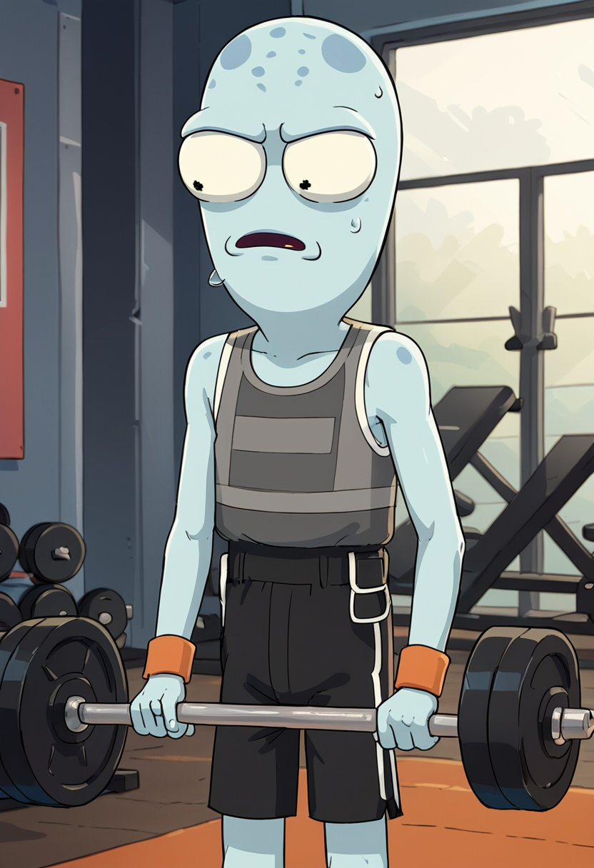 score_9, score_8_up, score_8,   <lora:Yumyulack_Solar_Opposites_for_PonyXL:0.8> 1boy, alien, yumyul4ck, male focus, blue skin, gym, shorts, tank top, lifting weights, sweatband,  solo, young