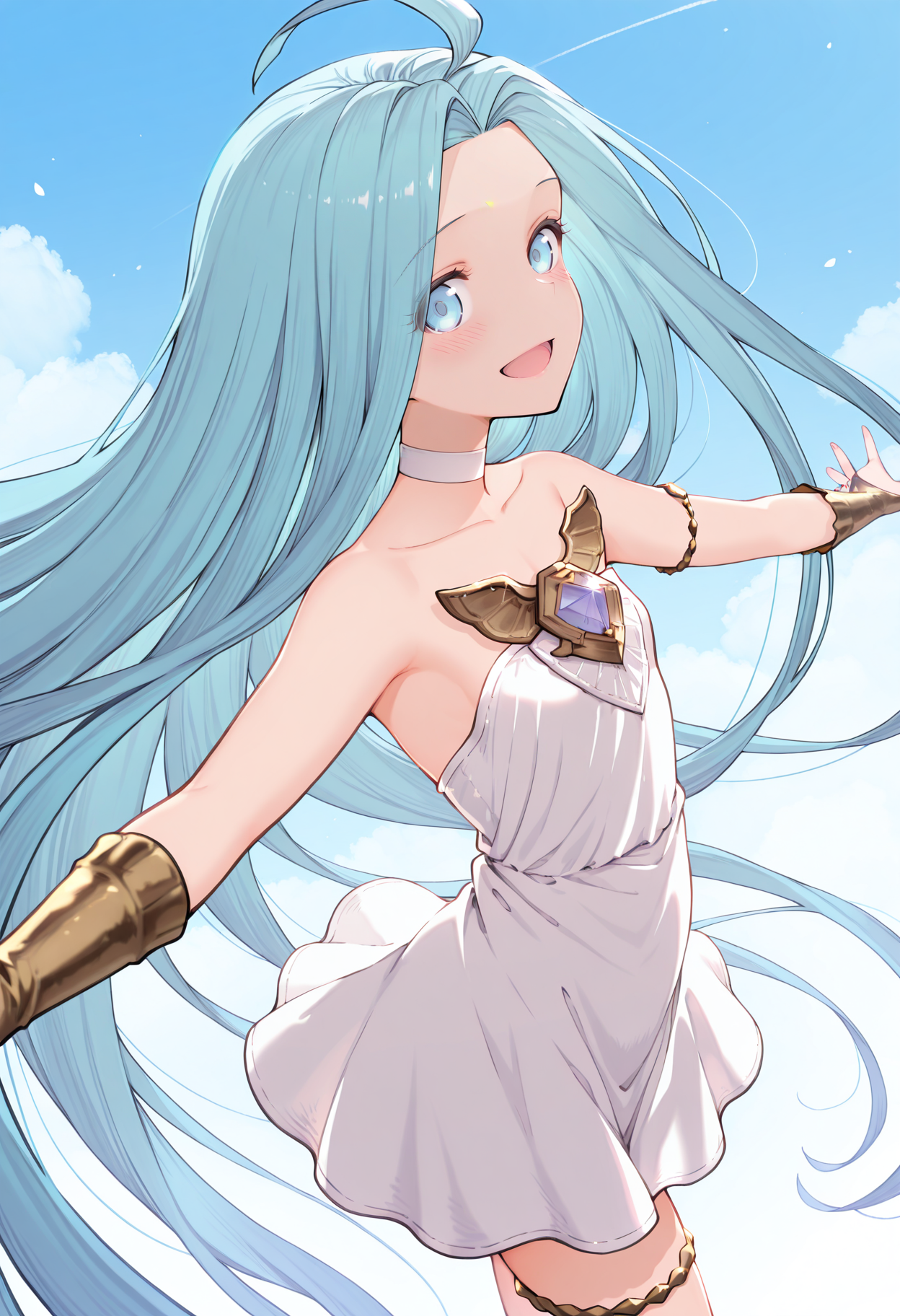 highres, best quality, masterpiece, blue sky, floating hair,
1girl, solo, lyria \(granblue fantasy\), 
white dress, strapless, choker, collarbone, jewelry, bridal gauntlets, thighlet,
looking at viewer, blush, smile, open mouth, 
standing, spread arms, from side,
 <lora:_onib-sty-elesico-ilxl-40:1>