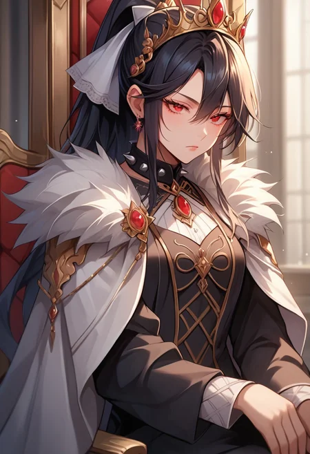 score_9, score_8_up, score_7_up, score_6_up, score_5_up, score_4_up, detailed, intricate details, source_anime, , (best quality) , (highly detailed) ,((masterpiece)), ((best quality)), (ultra-detailed), ((extremely detailed)), (high resolution), 4K, (8K), best quality, (beautiful), (dynamic lighting), (super detailed skin), sharp focus, (1_girl, solo focus), score_9,score_8_up,score_7_up,anime coloring BREAK source_anime,anime, theresia (hortensia saga), long hair, hair between eyes, black hair, red eyes, sidelocks, , ponytail, hair ribbon, Crown, veil, spiked collar, black dress, sitting, bored, indoors, throne, royal throne,
detailed eyes、detailed face and detailed skin <lora:add-detail-xl:1.0>