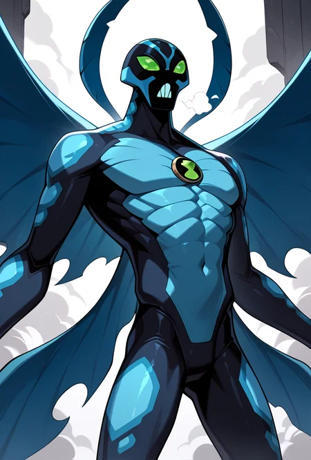<lora:bigchill-07:1> bigchill, solo, 1boy, green eyes, blue skin, no humans, green sclera, teeth, no pupils,, blue wings, cowboy shot dynamic pose, neck fluff, antennae, steam breath,, masterpiece, best quality, amazing quality, very aesthetic, absurdres, newest,