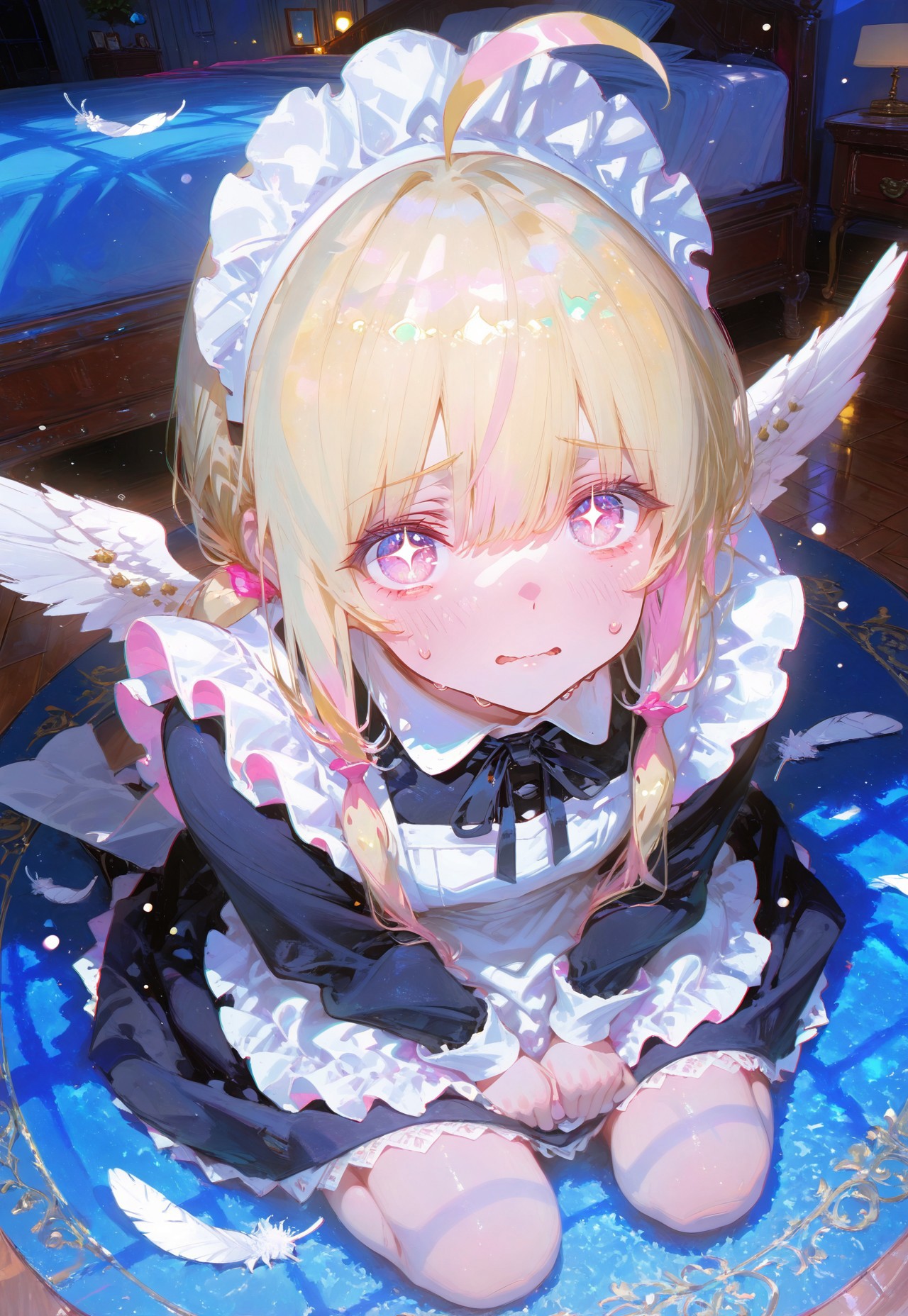 ((kneeling on floor,high angle,above view,nervous,looking at viewer,face focus:1.5))

1 girl, short and petite,(waist length hair:0.9), (straight hair:0.8),(blonde hair:1.3), (vibrant pink accents hair:1.1),fair skin,pink eyes, (sparkling eyes:1.1),ahoge,small wings ,floating feathers,(low twintails:1.3)

(Victorian maid outfit:1.3),(victorian bedroom:1.5),((night:1.5))

sparkling effects,(anaglyph refraction:1.5),(Bokeh around character:1.3),(character focus:1.2),((dynamic pose:1.4)),((foreshortening:1.6)),((extreme perspective:1.4))

748cmstyle,Cunnystyle,Smooth_Quality,amazing quality, ((aesthetic:1.3)),(bold lines:1.3),((4k,8k,Ultra HD)),((Masterpiece :1.2)),((Best quality :1.2)),((Detailed :1.5)),((Detailed background :1.5))