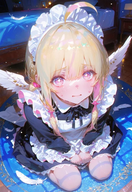 ((kneeling on floor,high angle,above view,nervous,looking at viewer,face focus:1.5))
1 girl, short and petite,(waist length hair:0.9), (straight hair:0.8),(blonde hair:1.3), (vibrant pink accents hair:1.1),fair skin,pink eyes, (sparkling eyes:1.1),ahoge,small wings ,floating feathers,(low twintails:1.3)
(Victorian maid outfit:1.3),(victorian bedroom:1.5),((night:1.5))
sparkling effects,(anaglyph refraction:1.5),(Bokeh around character:1.3),(character focus:1.2),((dynamic pose:1.4)),((foreshortening:1.6)),((extreme perspective:1.4))
748cmstyle,Cunnystyle,Smooth_Quality,amazing quality, ((aesthetic:1.3)),(bold lines:1.3),((4k,8k,Ultra HD)),((Masterpiece :1.2)),((Best quality :1.2)),((Detailed :1.5)),((Detailed background :1.5))