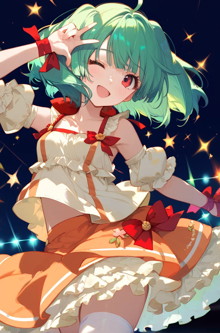 score_9, score_8_up, score_7_up, source_anime,
stage, lights, concert
upper body, close up, 
open smile, blush, seikan hikou, cowboy shot, wink,
small breasts,
<lora:rankaidol_autismConfetti_v08:0.99>ranka lee, green hair, red eyes, short hair, ahoge,
idol clothes, skirt, thighhighs, layered skirt, orange skirt, wrist ribbon,  white thighhighs, bare shoulders, (navel:0.2),, zPDXL