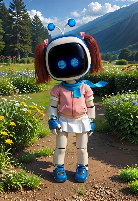 score_9, score_8_up, score_7_up, source_photo, realistic, asterpiece, insanely detailed, 4k, 8k, detailed background, zPDXL3, rating_safe,
<lora:Hyper-SDXL-8steps-lora:1> <lora:StS_PonyXL_Detail_Slider_v1.4_iteration_3:2>
(outdoor, nature, grassland, day, sky:1.2),
<lora:v2:1>
solo, (humanoid robot, no human:1.4), antennae, blue eyes, glowing, blue scarf
<lora:Sayaka_Ape_Scape:0.9>
1girl, red hair, twintails, hair bow, pink hoodie, short sleeves, wristband, white skirt, bike shorts, socks, sneakers,