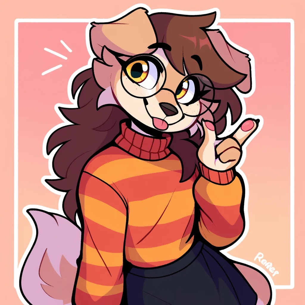 score_9_up, score_8_up, score_7_up, score_6_up, by remanedur, half-length portrait, brown hair, round glasses, furry female, dog, female, furry, floppy ears,  yellow eyes, looking at viewer, solo, smile, happy, gesture, blep, tongue, three-quarter view, head tilt, sweater, orange striped sweater, black skirt, black socks, thigh socks, tail, simple background, white outline, <lora:Leah_Pines(AIM)_XL_v1:0.25> <lora:PDXL_artist_tags_v2_big:0.5> <lora:The-Minuscule-Task_PDXL_v1.0:0.6>  <lora:Buttercup_Jayrnski:0.35>