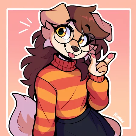 score_9_up, score_8_up, score_7_up, score_6_up, by remanedur, half-length portrait, brown hair, round glasses, furry female, dog, female, furry, floppy ears, yellow eyes, looking at viewer, solo, smile, happy, gesture, blep, tongue, three-quarter view, head tilt, sweater, orange striped sweater, black skirt, black socks, thigh socks, tail, simple background, white outline, <lora:Leah_Pines(AIM)_XL_v1:0.25> <lora:PDXL_artist_tags_v2_big:0.5> <lora:The-Minuscule-Task_PDXL_v1.0:0.6> <lora:Buttercup_Jayrnski:0.35>