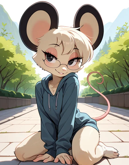 masterpiece, best quality, very aesthetic, absurdres,
outdoors,
full body, seductive smile, parted lips, long eyelashes,
 <lora:Tamy_v01_NAIXL:1>
T4my,1girl,solo,furry,furry female,mouse girl,short hair,mouse ears,black eyes,glasses,animal nose,body fur,white fur,mouse tail,