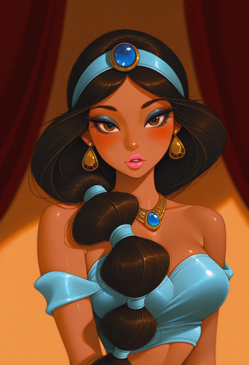 masterpiece, best quality, very aesthetic, absurdres, 
1girl, upper body, portrait, realistic, solo, 
dark-skinned female, mature female, brown eyes, tsurime, long eyelashes, eyeliner, eyeshadow, mascara, black hair, long hair, multi-tied hair, nose, thick lips, pink lips, large breasts, bare shoulders, 
arabian clothes, (blue hairband, blue gem), necklace, earrings, (off-shoulder shirt, blue shirt, shiny fabric, satin sheen), midriff, 
blush, parted lips, looking at viewer, 
simple background, arabian palace background, soft lighting, golden hour, warm lighting, blurry, 
JasmineXL, fr-pi-il