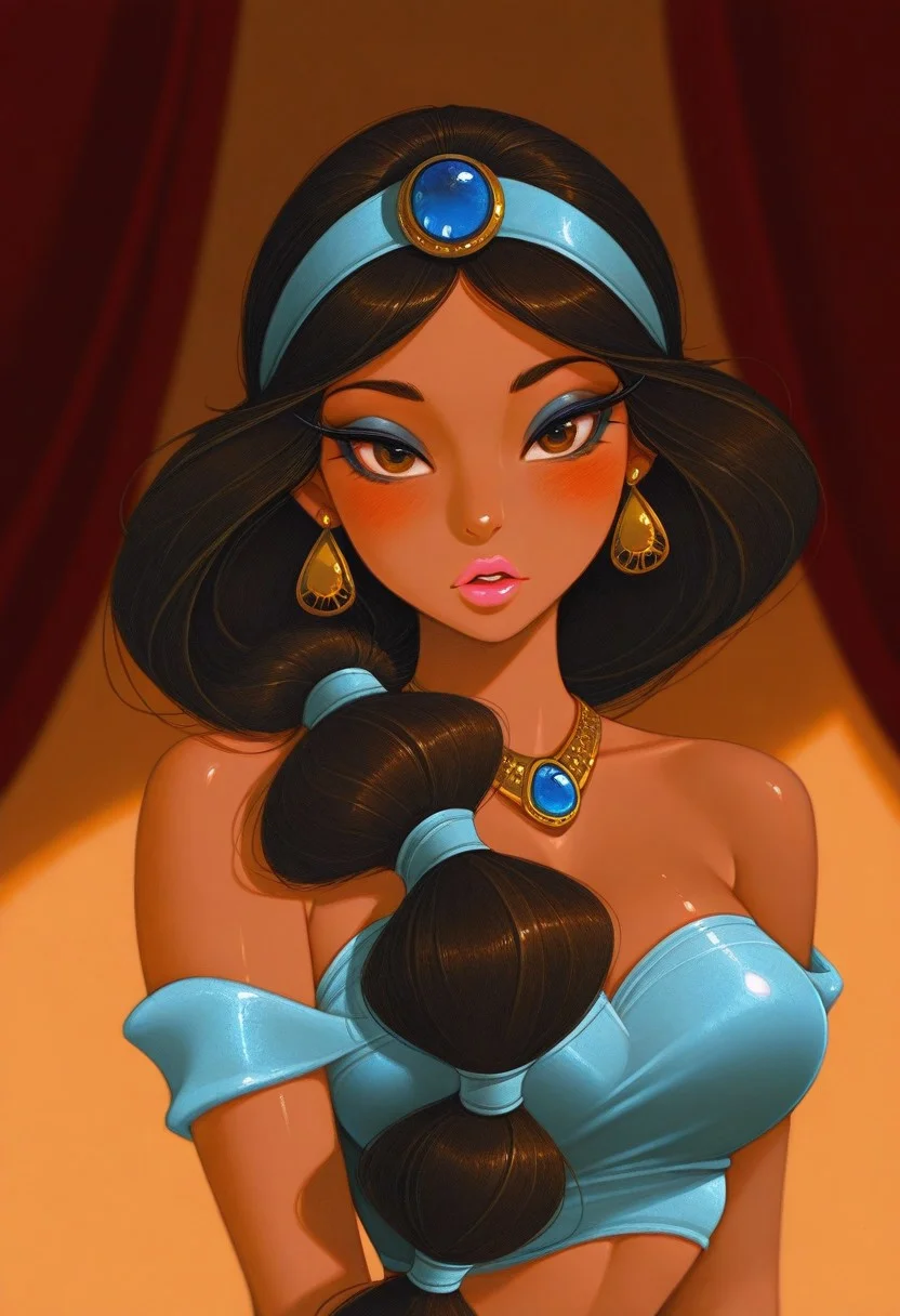 masterpiece, best quality, very aesthetic, absurdres, 
1girl, upper body, portrait, realistic, solo, 
dark-skinned female, mature female, brown eyes, tsurime, long eyelashes, eyeliner, eyeshadow, mascara, black hair, long hair, multi-tied hair, nose, thick lips, pink lips, large breasts, bare shoulders, 
arabian clothes, (blue hairband, blue gem), necklace, earrings, (off-shoulder shirt, blue shirt, shiny fabric, satin sheen), midriff, 
blush, parted lips, looking at viewer, 
simple background, arabian palace background, soft lighting, golden hour, warm lighting, blurry, 
JasmineXL, fr-pi-il
