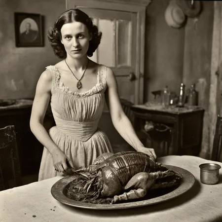 daguerreotype of circa 1850 woman, putting a platter of roasted alien turkey trilobites on a dirty dining table, in old kitchen, wearing a cotton revealing sexy dirty old ripped dress made of cotton, detailed face, monsters, intricate detail