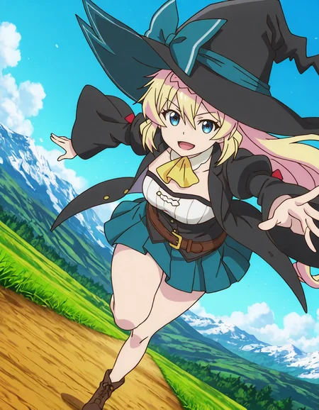 Azusa Aizawa (slime 300nen),anime coloring,blue eyes,blonde hair,very long hair,low-tied long hair,scrunchie,bangs,french braid,witch hat,black headwear,blue hat bow,black dress,juliet sleeves,long wide sleeves,red bow,yellow ascot,strapless white dress,belt,blue skirt,brown footwear,explicit,1girl,
(dynamic pose,dynamic angle,foreshortening,pov,close to viewer:2),
looking at viewer,
smile,
medium breasts,
mildly perky breasts,shapely breasts,soft breasts,smooth curvature, visible cleavage, realistic breasts shape,balanced proportions,realistic proportions,natural breasts,natural looking breasts,hair between eyes,slim,curvy,(narrow waist:0.1),(wide hips:0.7),thick thighs,perfect anatomy,natural body,shapely body, smooth curves, defined waistline, soft shadows,elegant posture,detailed body,skindentation,matte skin,smooth skin,deep skin,soft brightness,skin shading,matte lighting,detailed mouth,kawaii,moe face,(bold),strong outlines,clean lineart,harsh lines,
(anime screencap,anime coloring,anime screenshot),anime style, Japanese anime, cel-shading, clean lineart, vibrant colors, sharp facial features, 2D illustration, anime screencap style,anime background scenery,detailed linework,intricate details,(masterpiece,best quality,amazing quality,16k,newest,very aesthetic,absurdres),highres,vibrant irises,ultra-detailed,perfect hands,five fingers,detailed hands,fantasy landscape, vast grasslands, highland, rolling hills, glowing flowers, magical atmosphere, soft sunlight, distant mountains, fantasy sky, ethereal clouds, lush greenery, dreamlike scenery, vibrant nature, detailed environment,
<lora:ã¹ã©ã¤ã åãã¦300å¹´ç¥ããªããã¡ã«ã¬ãã«MAXã«ãªã£ã¦ã¾ããã¢ãºãµã¢ã¤ã¶ã¯illustriousslime_taoshite_300nen_shiranai_uchi_ni_Level_MAX_ni_nattemashitaAzusa_Aizawaillustrious:0.8>