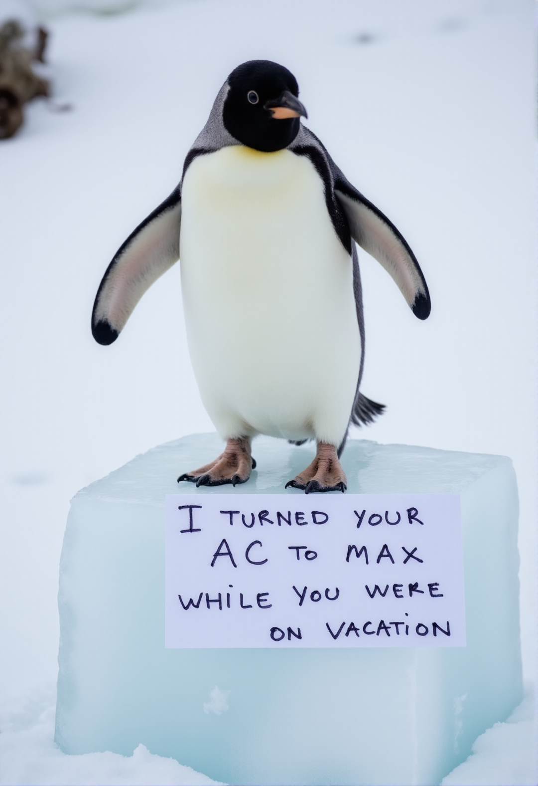 sh4m3, a high-resolution photo of a penguin standing on a giant icecube with a notecard in front of it that says in handwritten text: "I turned your AC to max while you were on vacation" <lora:Meme_soph-CatShame-FLUX:1>. There is snow in the background.