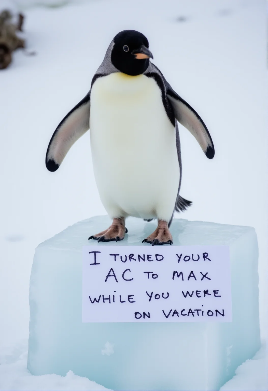 sh4m3, a high-resolution photo of a penguin standing on a giant icecube with a notecard in front of it that says in handwritten text: "I turned your AC to max while you were on vacation" <lora:Meme_soph-CatShame-FLUX:1>. There is snow in the background.