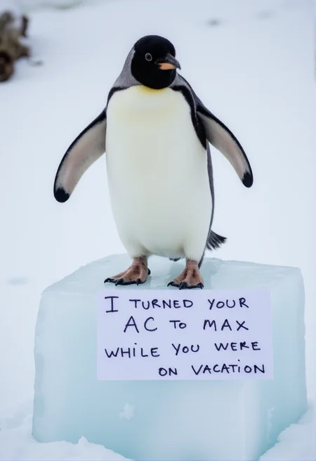 sh4m3, a high-resolution photo of a penguin standing on a giant icecube with a notecard in front of it that says in handwritten text: "I turned your AC to max while you were on vacation" <lora:Meme_soph-CatShame-FLUX:1>. There is snow in the background.