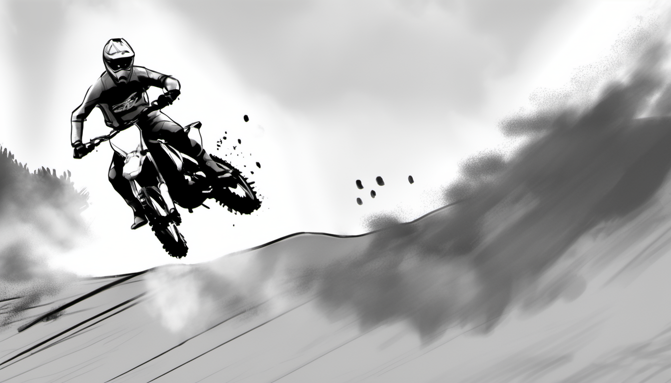 storyboard sketch of Motocross rider clearing a series of jumps, dirt clods flying from the tires.  <lora:storyboard sketch:0.8>