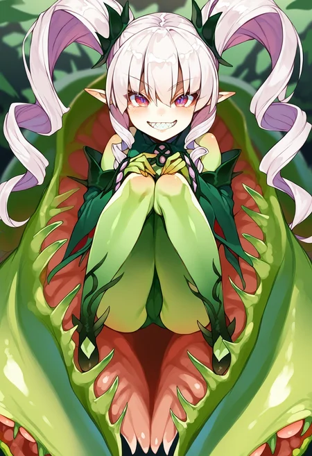 score_9, score_8_up, score_7_up, score_6_up, source anime,
(venus flytrap:1.2), claustrophyte, spikes, plant, nature,
1girl, colored skin, curly hair, detached sleeves, green hair, green skin, grin, hair ornament, long hair, monster girl, monster girl encyclopedia, multicolored hair, pointy ears, purple eyes, sharp teeth, smile, solo, teeth, twintails, white hair,
knees up, from above, full body, cute,
nature
<lora:monmusu_plant_girl_v13:1>