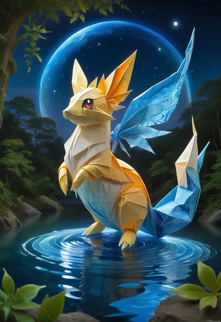 high quality, extremely detailed and beautiful origami fantasy translucent magical chillet, glowing within, blue and white colors <lora:TQ_-_Fairy_Tale_Origami_Paintings:0.5> , beautiful vibrant dark moonlight lake at night, sharp focus, intricate, detailed illustration, beautiful color palette, incredible details, high contrast, high dynamic light, perfect composition and chiaroscuro, glowing magical moonlight, bioluminescent creature, intricately detailed, true masterpiece,  <lora:sss:1>     <lora:SDXLFaeTastic2400:0.5> <lora:chillet_v2:1> chillet, animal, shiny_pokemon, pokemon_\(creature\), no_humans