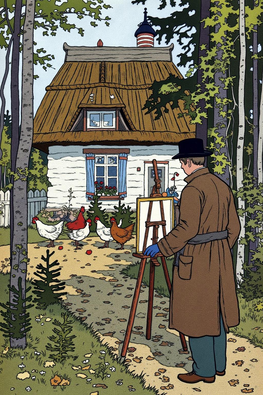ivanbilibin1 illustration. hansandersenbrendekilde1. A man in a long brown coat and black hat stands on a leaf-covered path, looking down at an easel lying on the ground. In the background, chickens walk around a white structure with a thatched roof. Tall trees with green foliage frame the path <lora:ivanbilibin2_cap_d6a3e11:1.0><lora:857294167468939529:0>