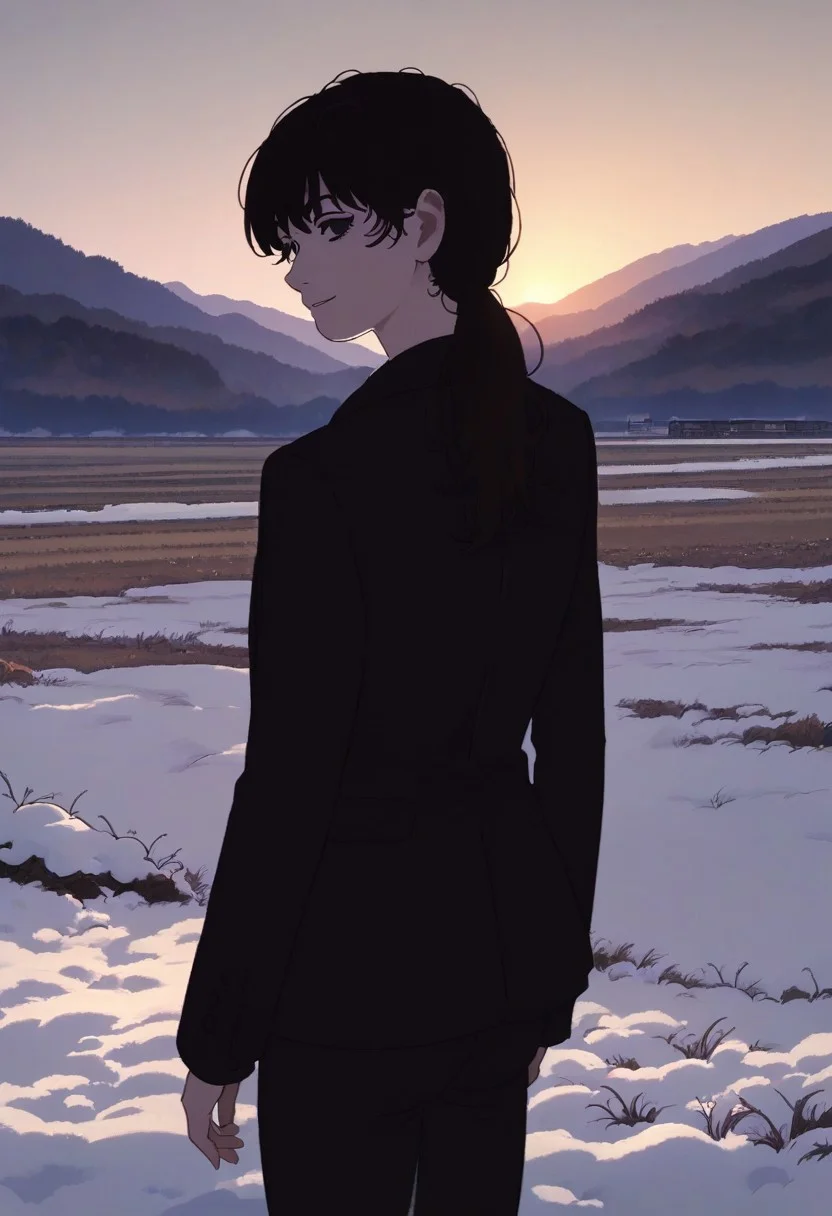 score_9_up, score_8_up, score_7_up, score_6_up, BREAK Fuj1noLB, 1girl, black hair, long hair, black eyes, ponytail, bangs, formal, suit, black jacket, black shirt, black pants, daytime, rural, countryside, snow, heavy snow, looking back over shoulder, bright lighting, looking at viewer, smile, beautiful background, beautiful art, detailed background