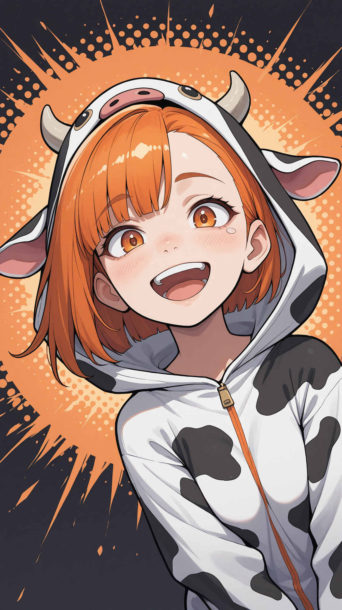 masterpiece,best quality,amazing quality,very aesthetic,absurdres,newest,detailed eyes, Secondary Colors, orange accent,
1girl, cow-costume, asymmetrical bangs, bangs fall into eye, 
upper body view, dynamic angle, flying, laughing, looking at viewer, 
black background, halftone background,