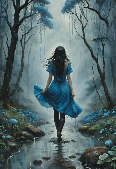 (water-colored), illustration, style of Jessica Galbreth,
(far view, far shot, rear view, facing away:1.3),
(Alice, woman walking on a trail, very long dark brown hair, hair rim lighting, hair in the wind, blue maid dress with short sleeves, black tights:1.2),
fog, dreamy, dream,
(raining, rain drops, water dripping, heavy rain:1.8)
dark forest, flowers, mushrooms
